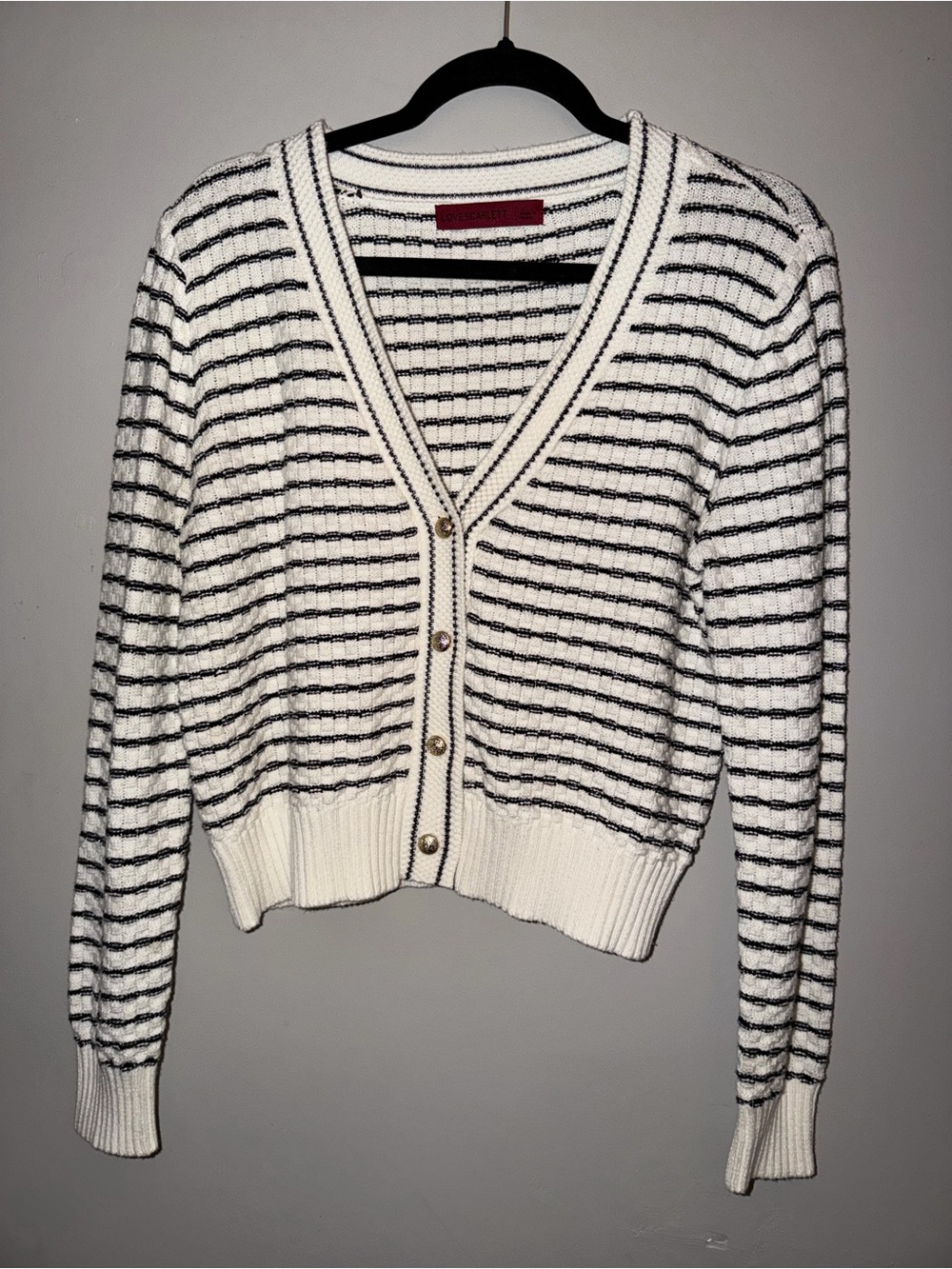 Striped V-Neck Button Cardigan Sweater - White & Black